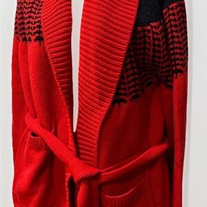 ERIC BOMPARD Women Large Red Navy Pattern Cashmere Wool Knit Cardigan Vest Belt